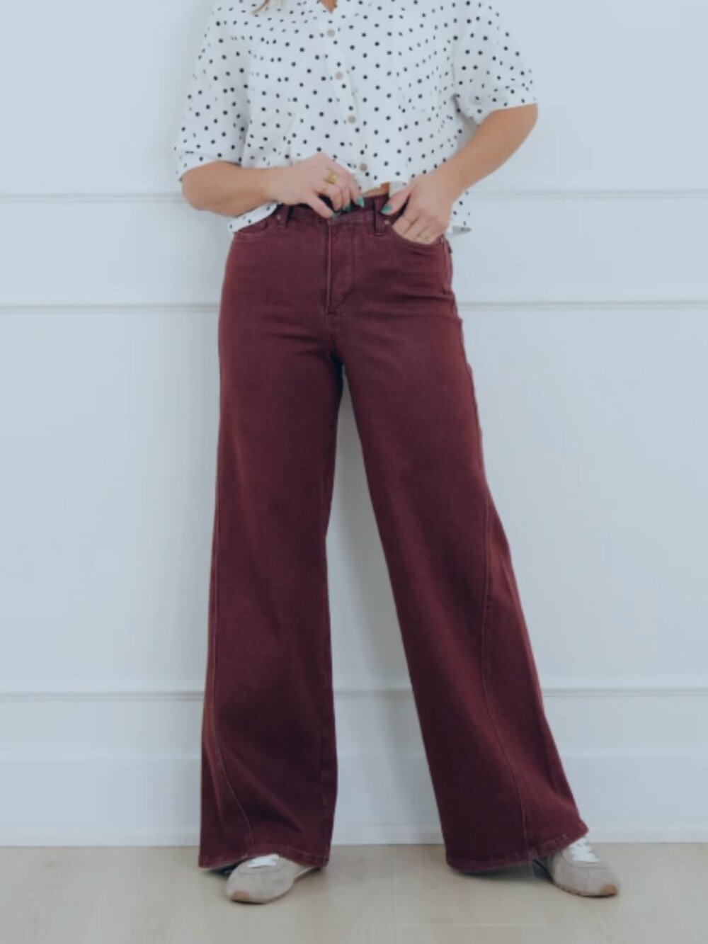 106 Judy Blue High Rise Burgundy Retro Wide Leg Jeans with Twisted Seams - Picture 2 of 8